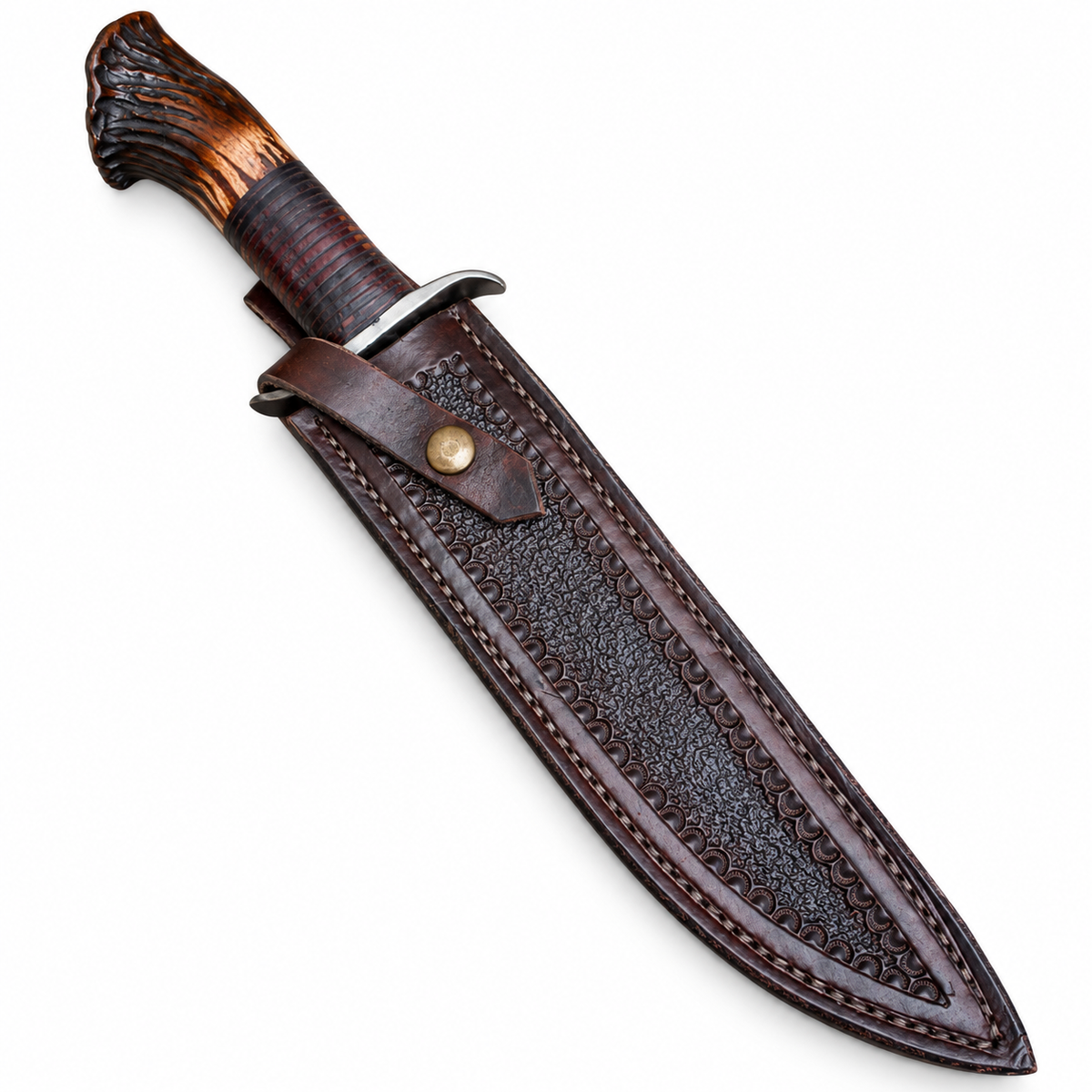 18-inch stag handle hunting knife shown with its leather sheath