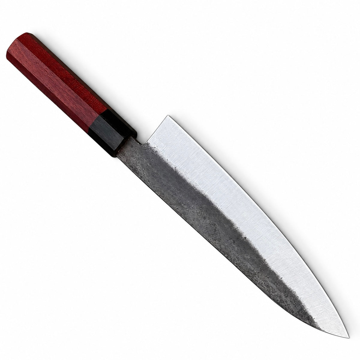Gyuto knife octagonal handle in red-brown wood with black ferrule

