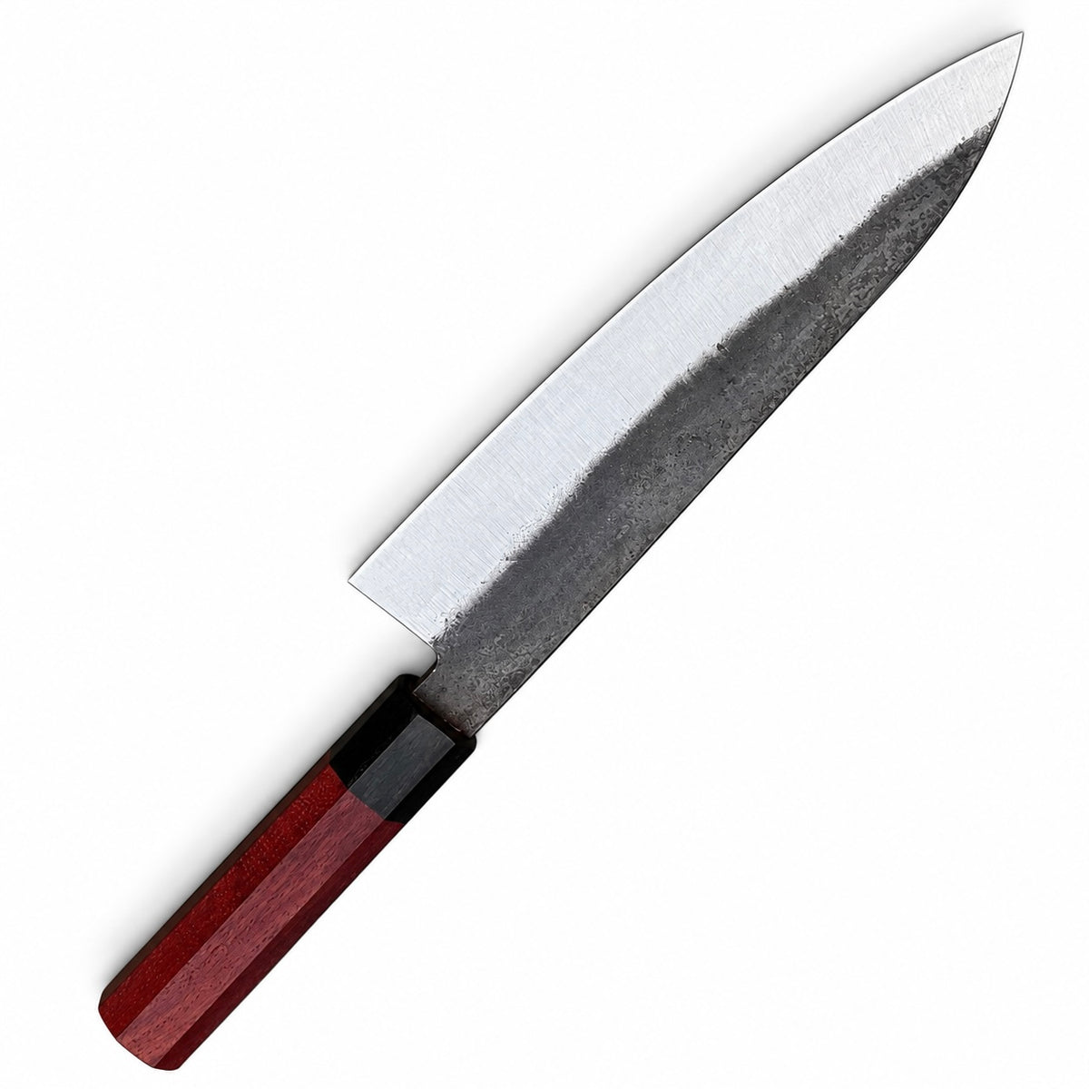 Carbon steel gyuto with pointed tip and curved belly, 12 inches overall