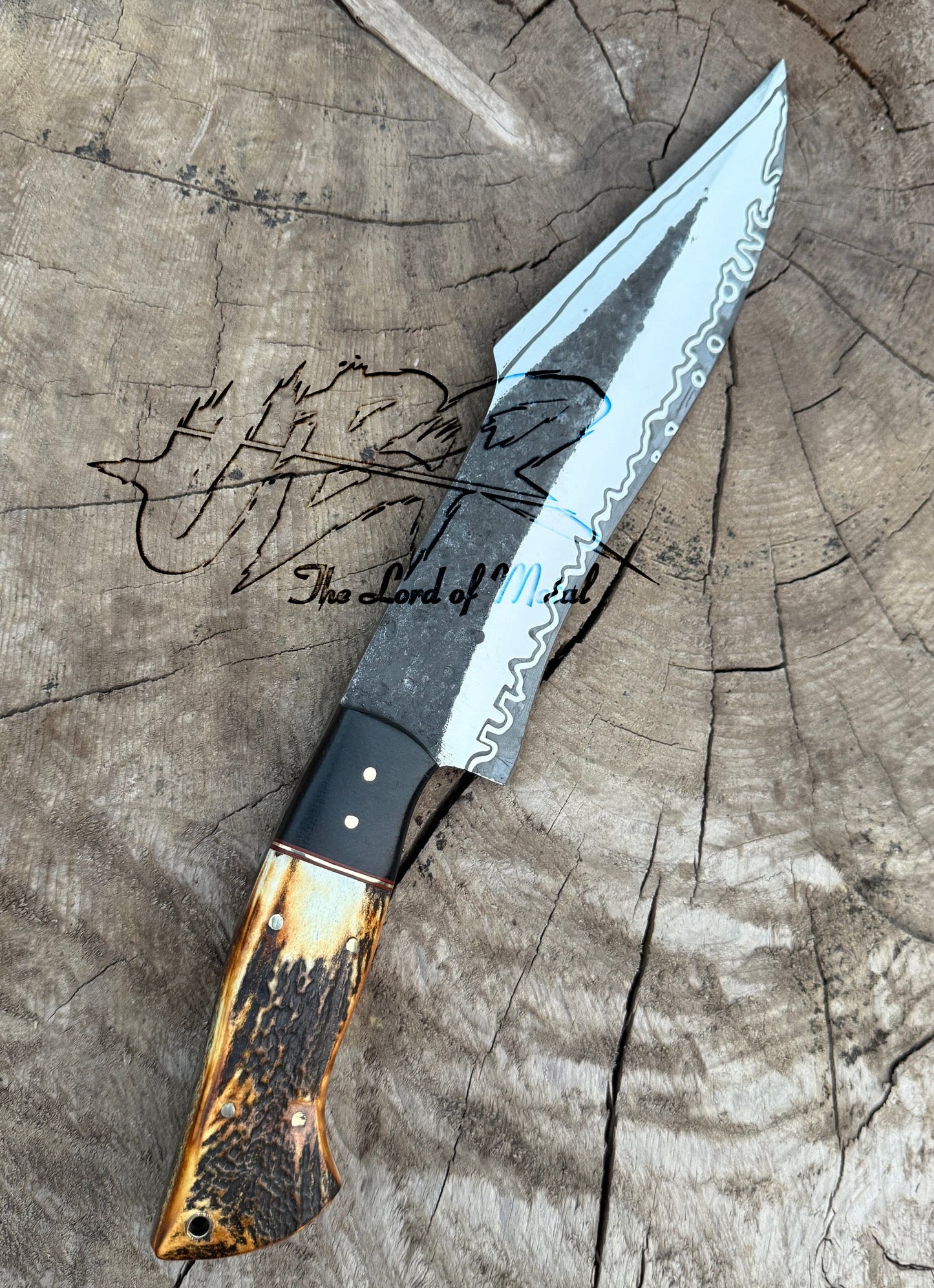 Custom Stag Handle Bowie Knife with Forged Blade & Wave Edge Pattern Unique Blades Runner