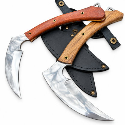 Hand Forged Sickle Knife with Wood Handle & Leather Sheath Unique Blades Runner