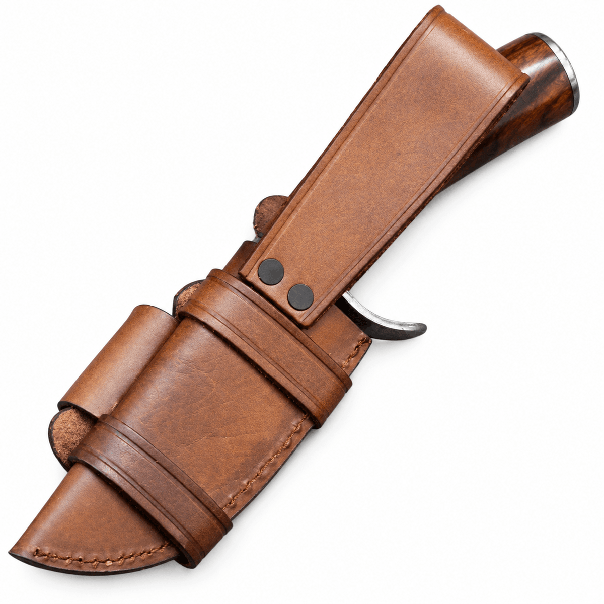 Small Damascus Bowie knife resting beside its leather sheath