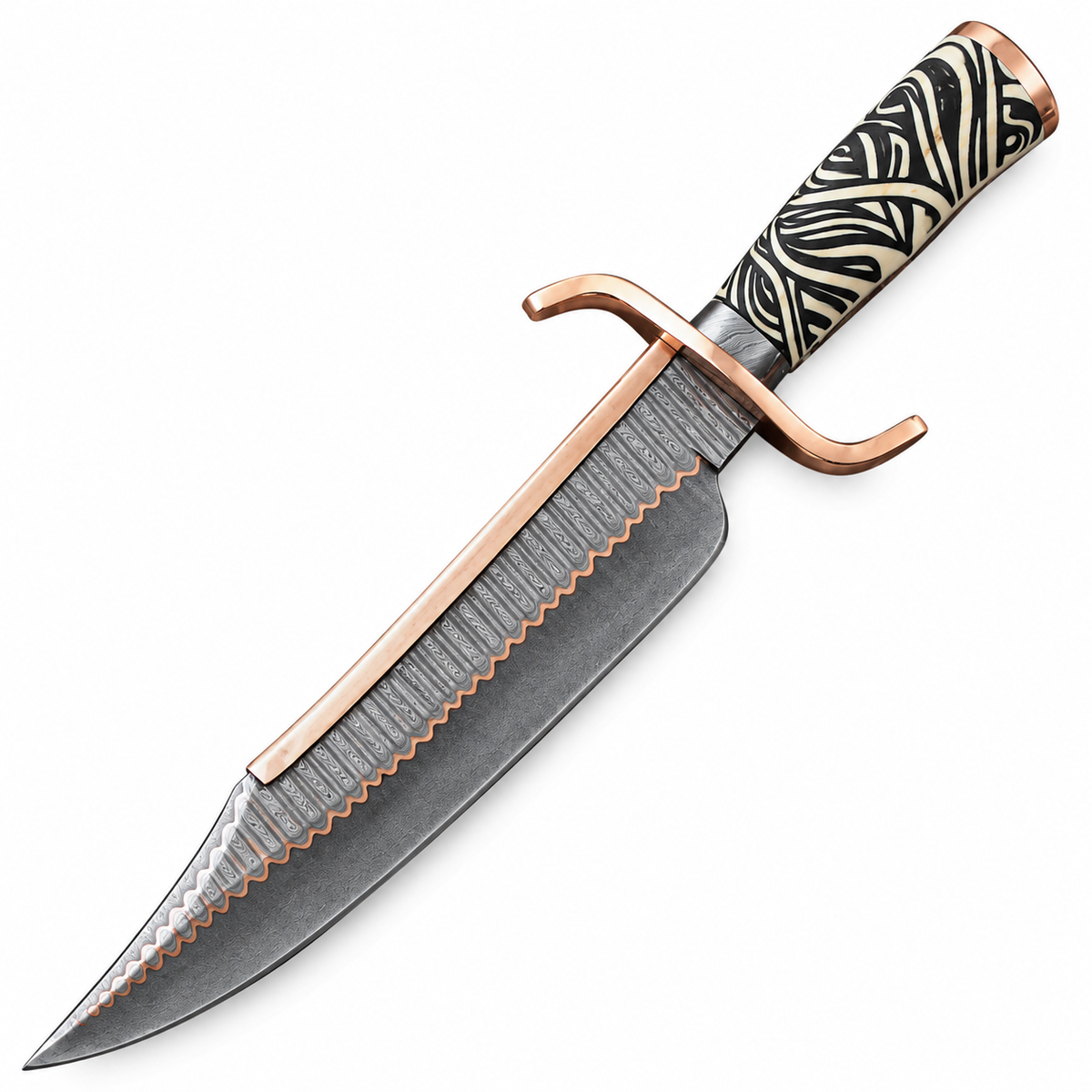 Copper Damascus knife with 12-inch Bowie blade and copper S guard
