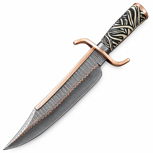 Copper Damascus knife with 12-inch Bowie blade and copper S guard
