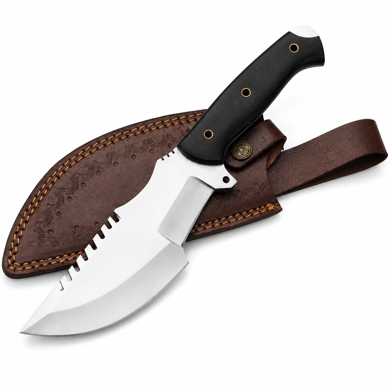 Sawback Tracker Knife – Handmade Fixed Blade with Black Handle & Leather Sheath Unique Blades Runner