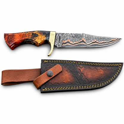Copper Damascus Bowie Knife – Handmade, Resin Handle, Leather Sheath
