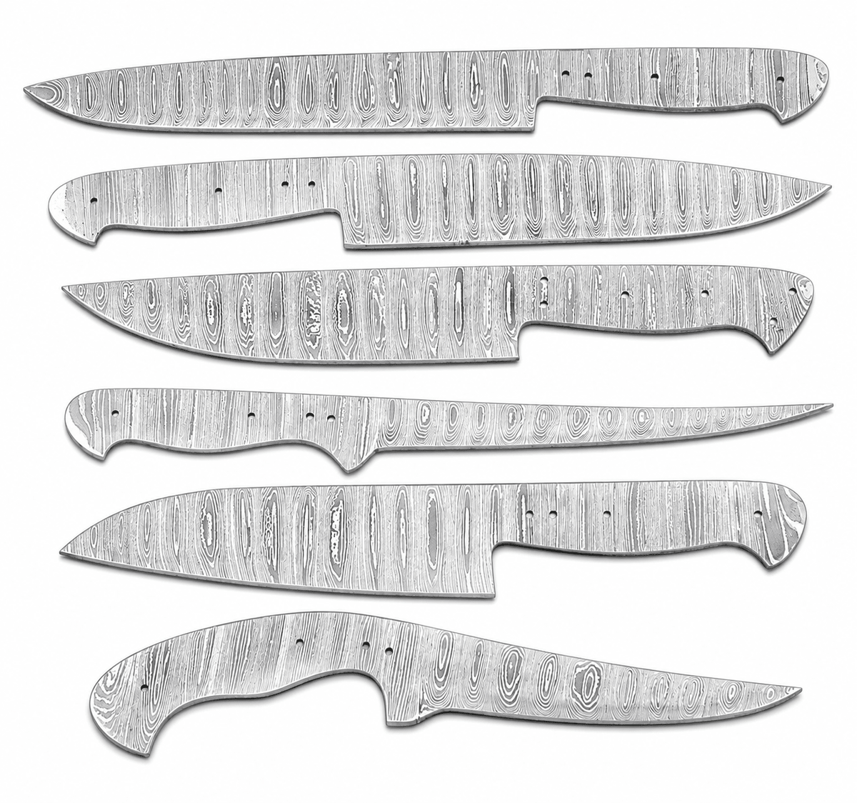 Six Damascus steel knife blanks in chef, slicing and fillet profiles