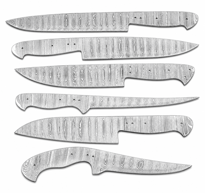 Six Damascus steel knife blanks in chef, slicing and fillet profiles