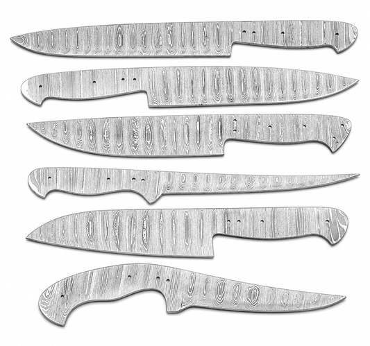 Six Damascus steel knife blanks in chef, slicing and fillet profiles