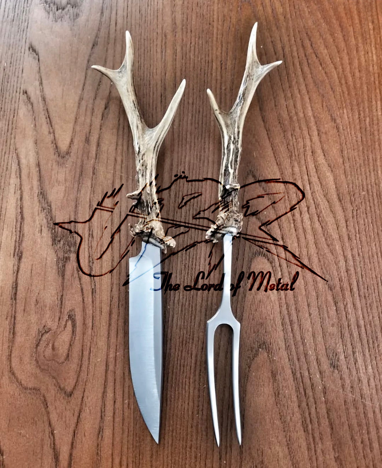 Handmade Antler Handle Knife & Fork Set | Deer Horn Carving Cutlery Unique Blades Runner