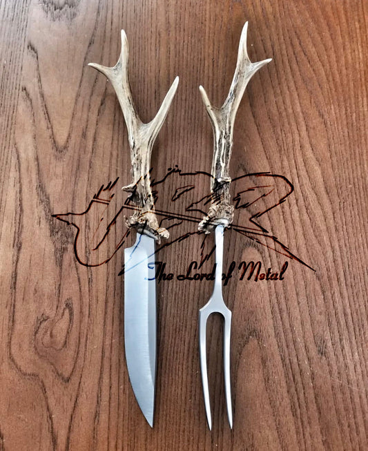 Handmade Antler Handle Knife & Fork Set | Deer Horn Carving Cutlery Unique Blades Runner
