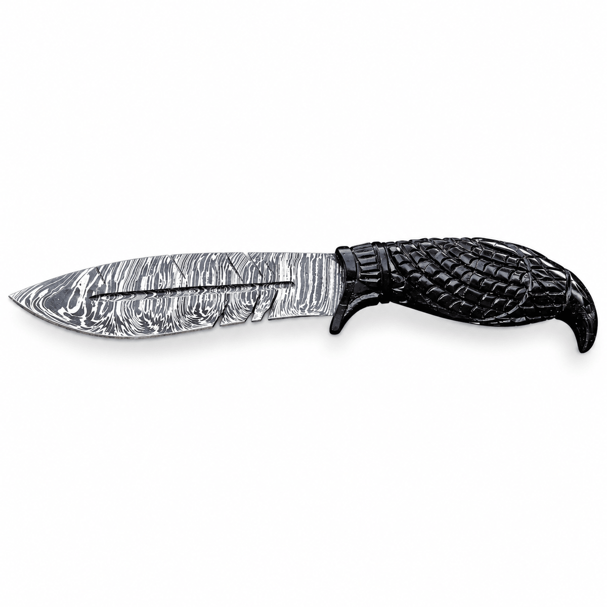 12 inch Damascus steel knife with notched feather-style blade and grooved center
