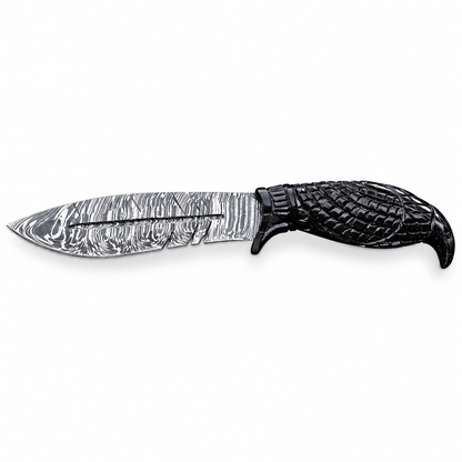 12 inch Damascus steel knife with notched feather-style blade and grooved center
