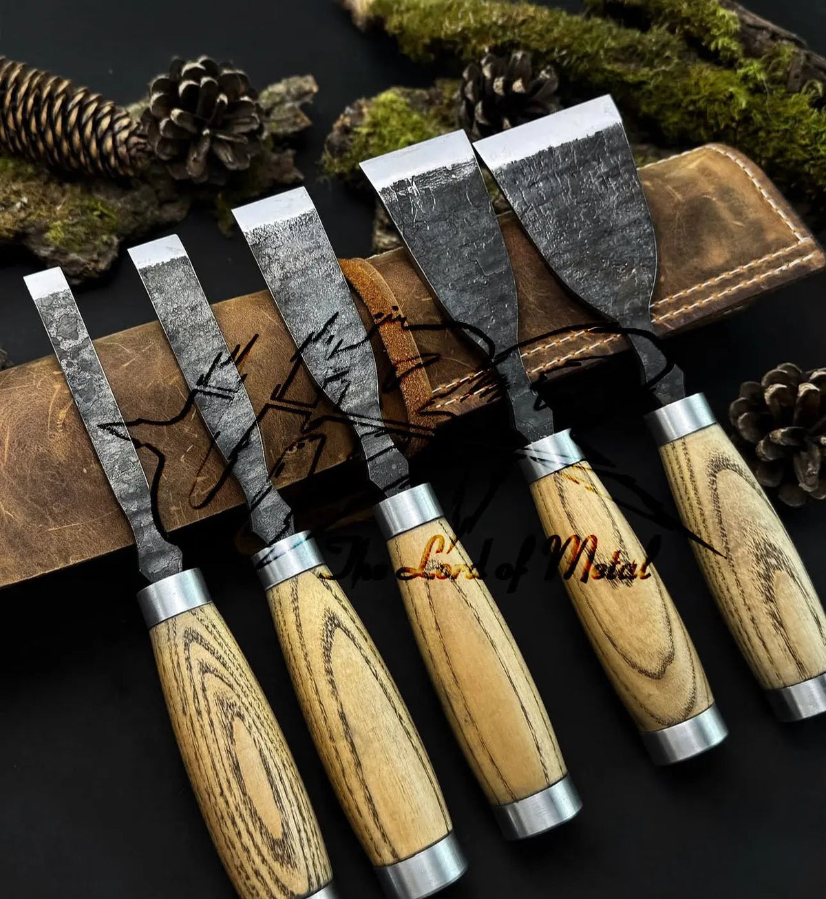 5-Piece Hand-Forged Wood Carving Chisel Set – Leather Wrapped Artisan Tools - Unique Blades Runner