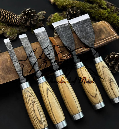 5-Piece Hand-Forged Wood Carving Chisel Set – Leather Wrapped Artisan Tools - Unique Blades Runner