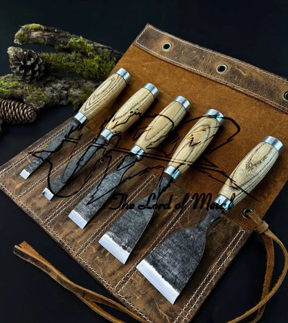 5-Piece Hand-Forged Wood Carving Chisel Set – Leather Wrapped Artisan Tools - Unique Blades Runner