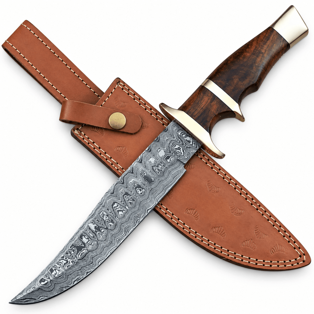 Handmade forged Damascus hunting knife, 13 inches overall, rosewood and brass handle