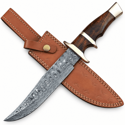 Handmade forged Damascus hunting knife, 13 inches overall, rosewood and brass handle