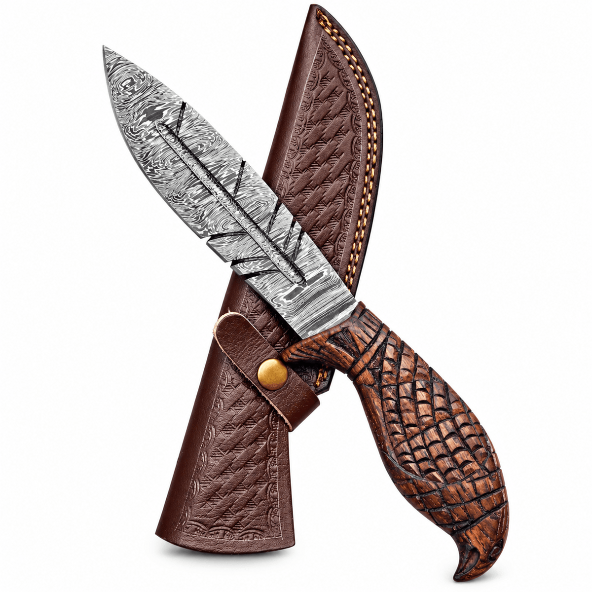 Damascus hunting knife with carved wood eagle head handle and leather sheath
