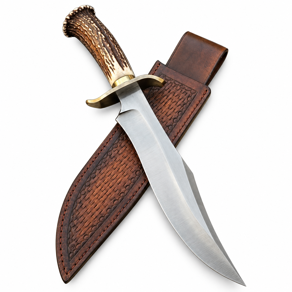 Stag handle Bowie knife with 10-inch 440C clip point blade and brass guard
