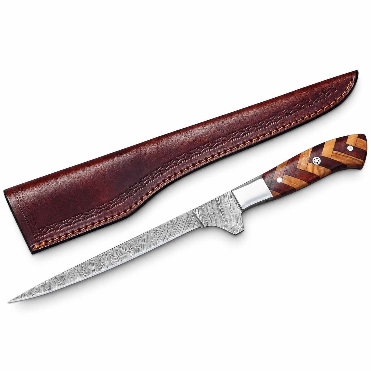 Hand forged Damascus steel fillet knife with a 9-inch blade and wood handle

