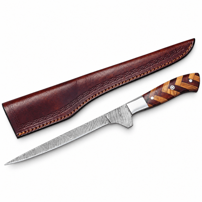 Hand forged Damascus steel fillet knife with a 9-inch blade and wood handle
