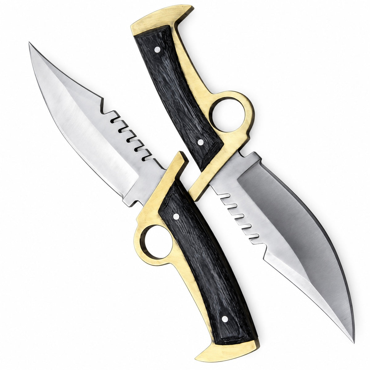 Clip point D2 steel blade with square-notched spine and satin finish