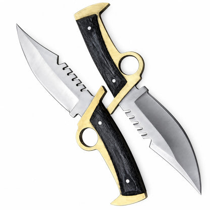 Clip point D2 steel blade with square-notched spine and satin finish
