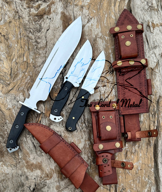 Custom Handmade Survival Knife Set – 3 Piece Fixed Blade Knives with Leather Sheaths Unique Blades Runner