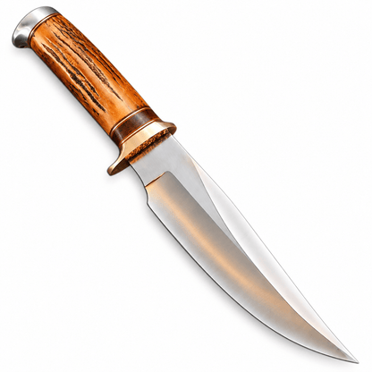 Handmade hunting knife with 8-inch 1095 carbon steel blade and stag handle