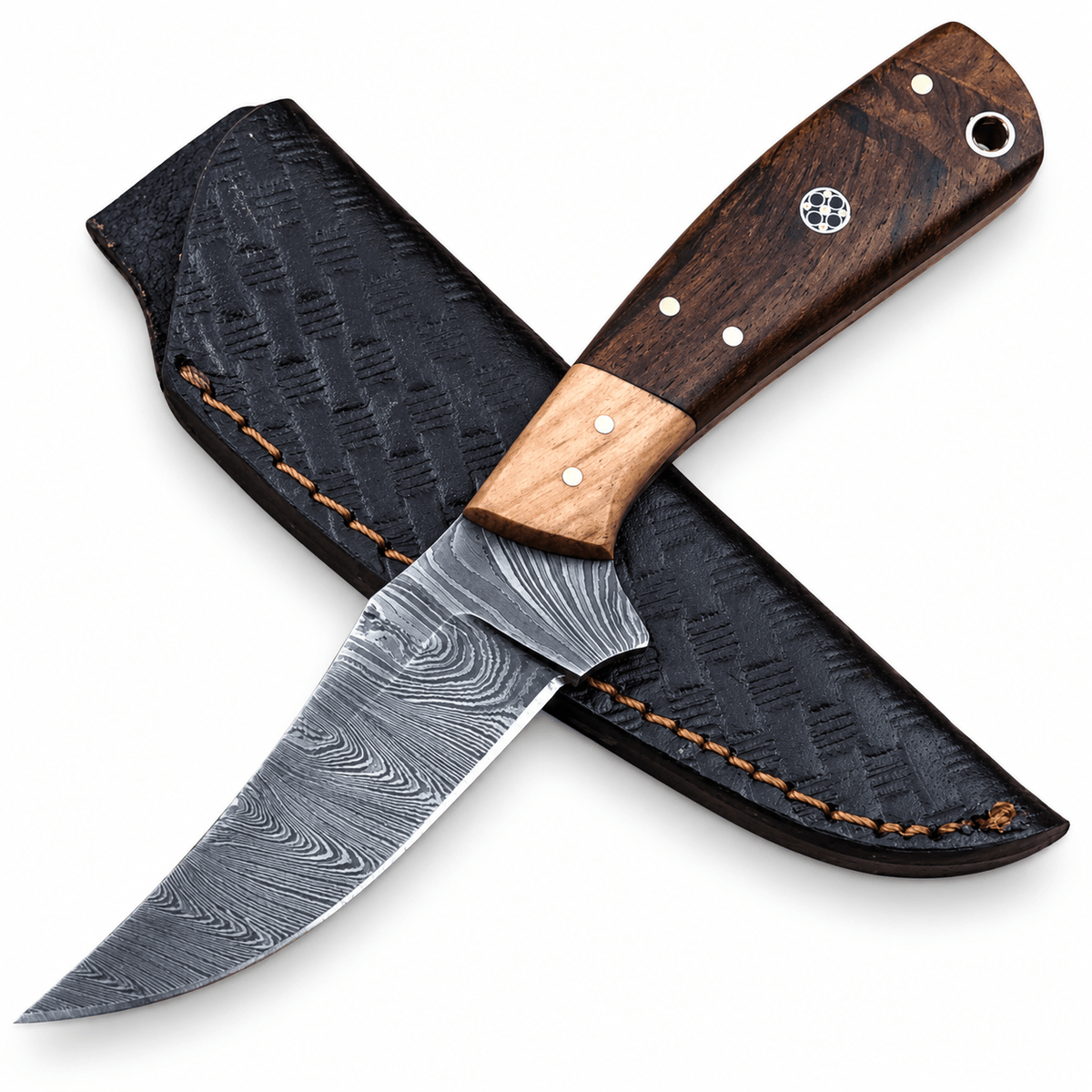 Damascus skinning knife with two-tone wood handle, brass pins and black leather sheath

