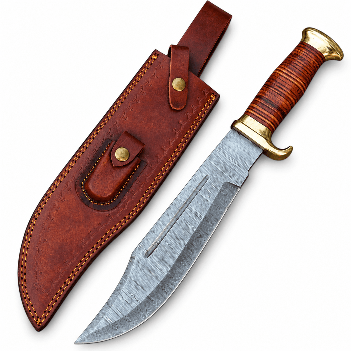 Hand forged Damascus hunting knife with stacked leather handle, 15 inches overall