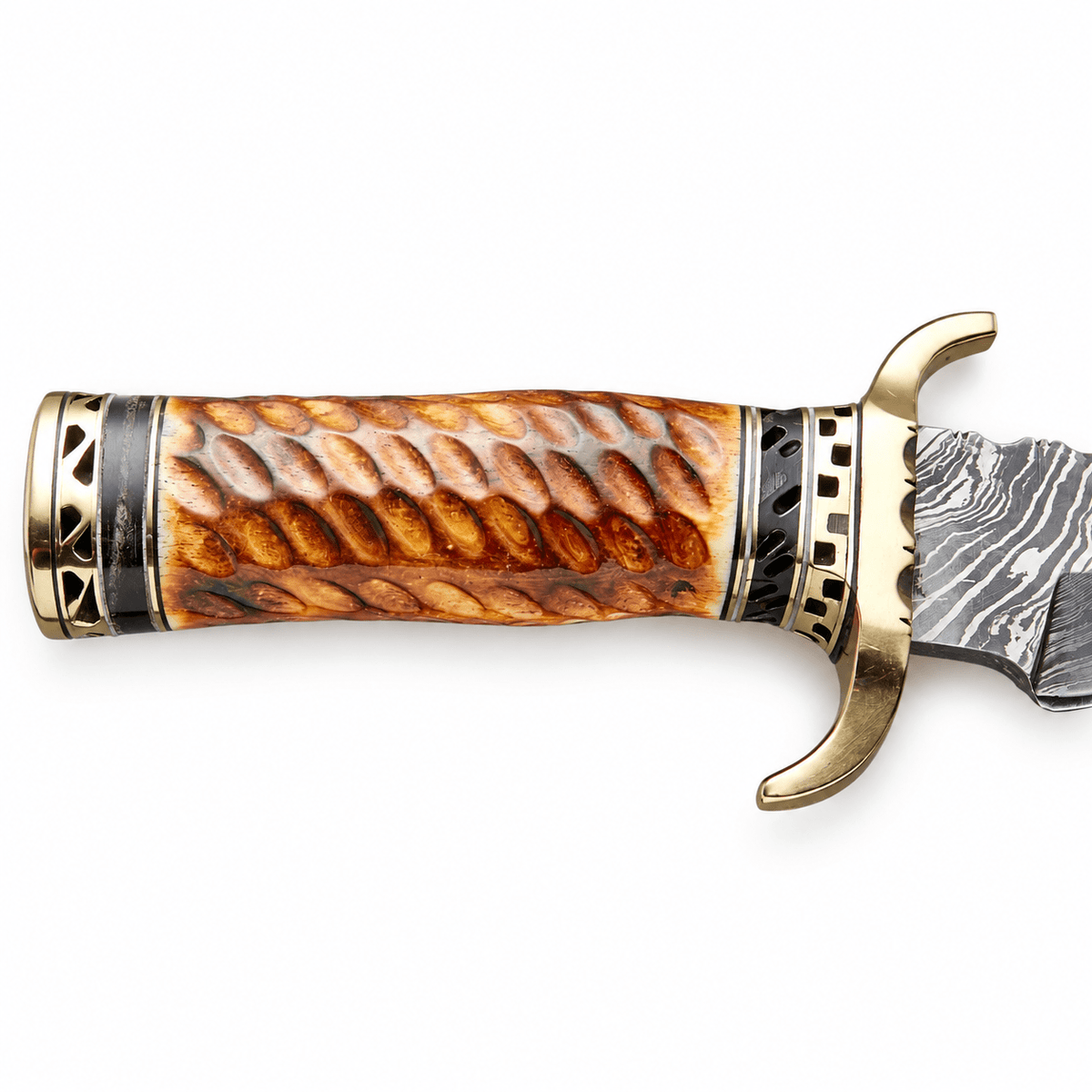 12 inch Damascus Bowie knife with swirling layered blade pattern
