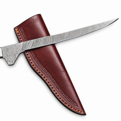 Layered Damascus pattern along a long, narrow fillet knife blade
