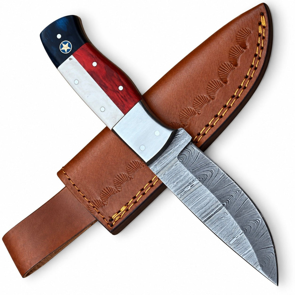 Handmade skinning knife with polished bolster and layered Damascus steel
