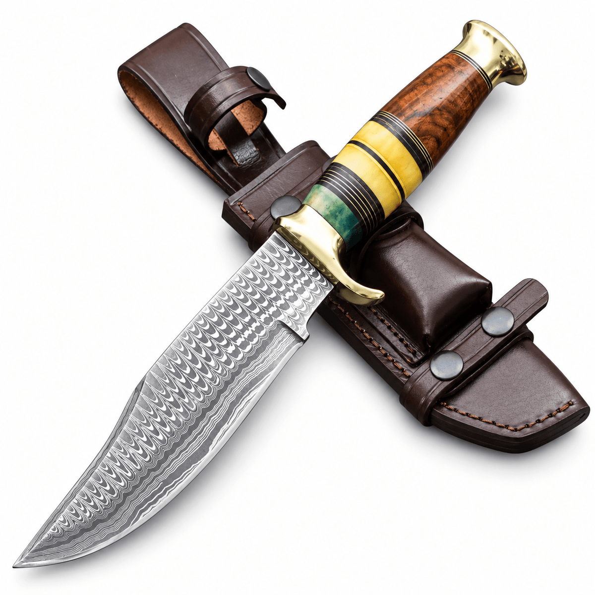 Premium handcrafted Damascus Bowie knife with wood and camel bone handle and brass guard
