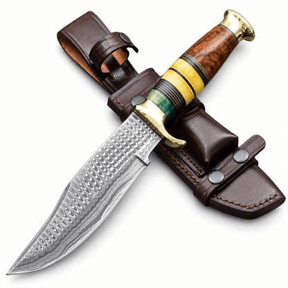 Premium handcrafted Damascus Bowie knife with wood and camel bone handle and brass guard
