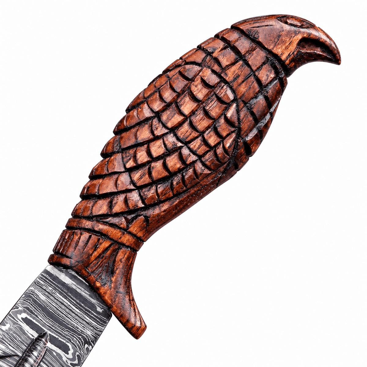 Carved brown wood handle with feather scales ending in an eagle head pommel
