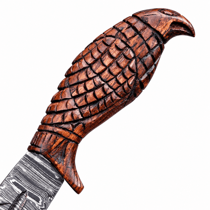 Carved brown wood handle with feather scales ending in an eagle head pommel
