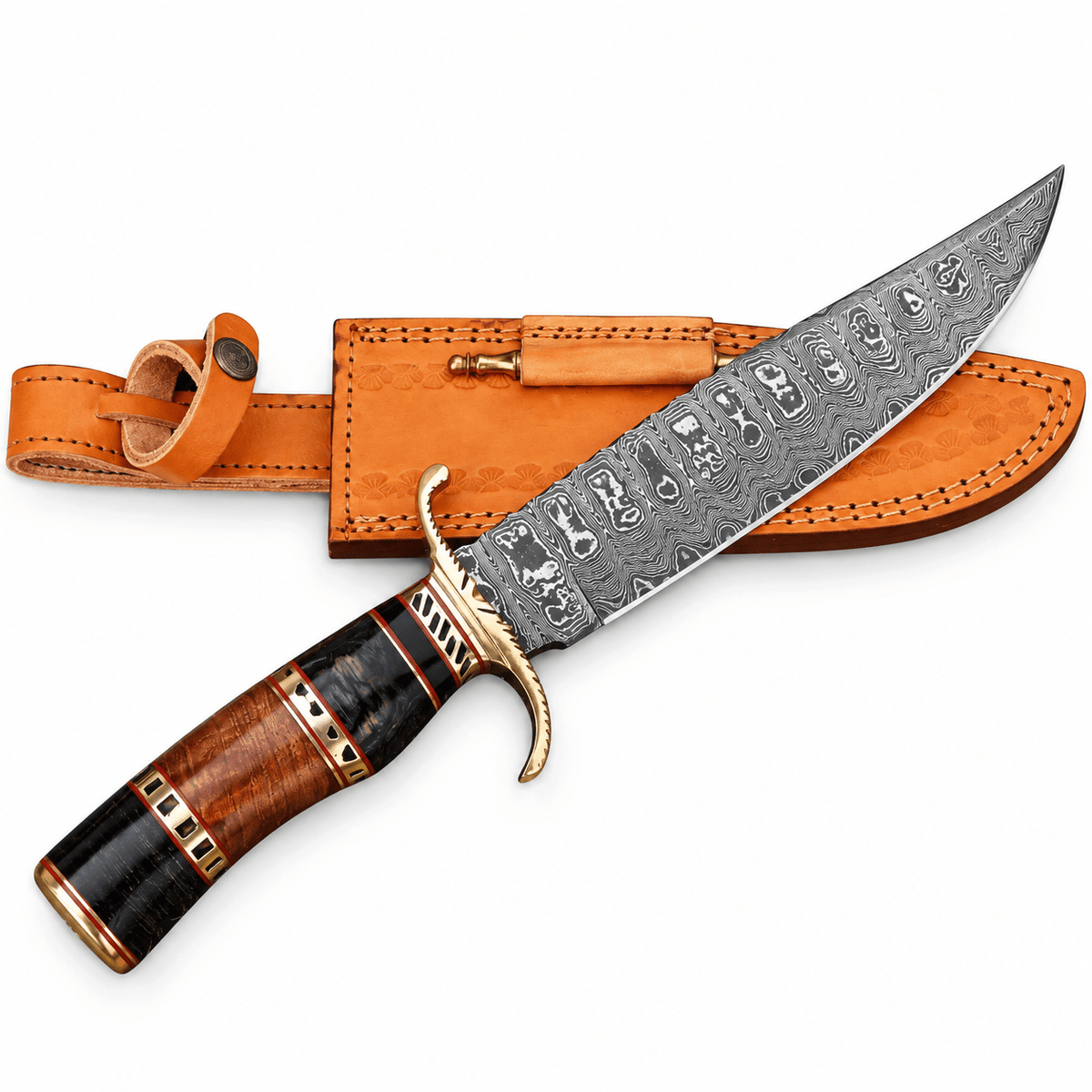 Hand forged Damascus Bowie knife with rosewood, brass and micarta handle