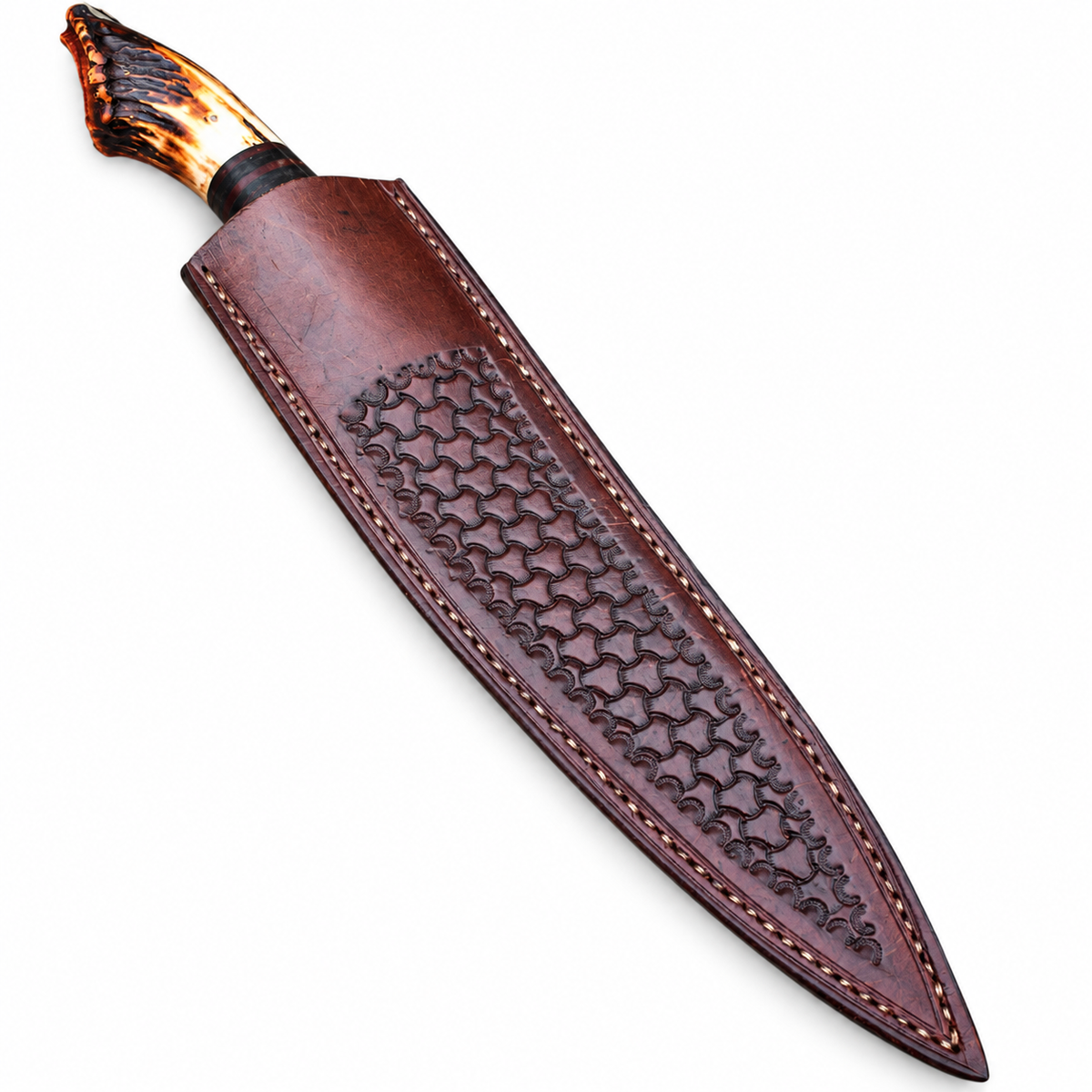 Large hunting knife with deer antler handle beside its leather sheath