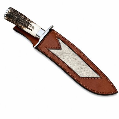 Damascus Steel Bowie Knife with Stag Handle and Leather Sheath Unique Blades Runner