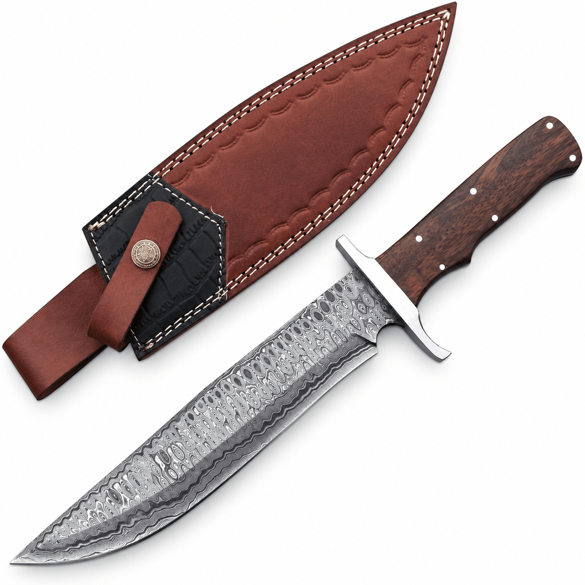 Large 12 inch Damascus Bowie knife blade with rippled layered pattern
