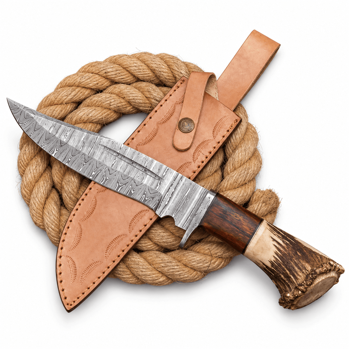 Damascus steel hunting knife with stag antler and wood handle on tan leather sheath
