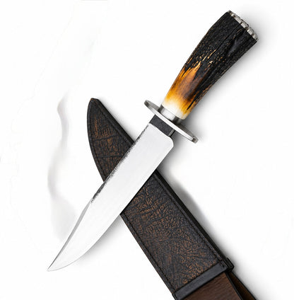 Stag Handle Bowie Knife – Handmade Fixed Blade with Leather Sheath Unique Blades Runner