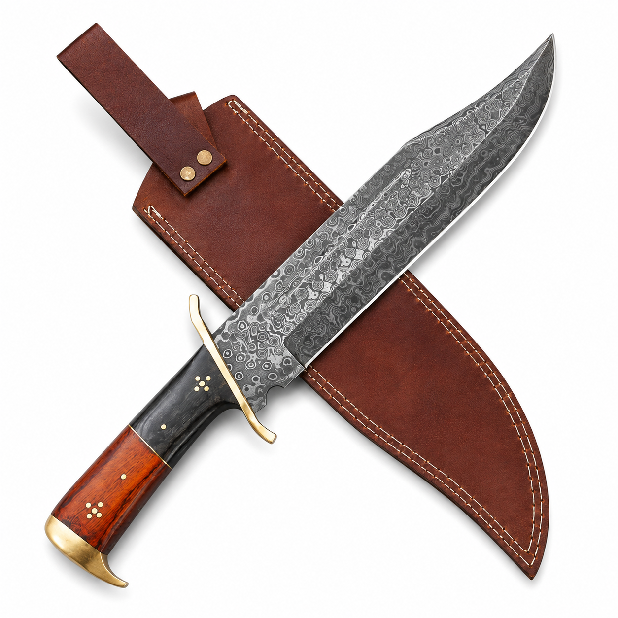 Timber Rattler Damascus Steel Bowie Knife with Brass Guard & Leather Sheath Unique Blades Runner