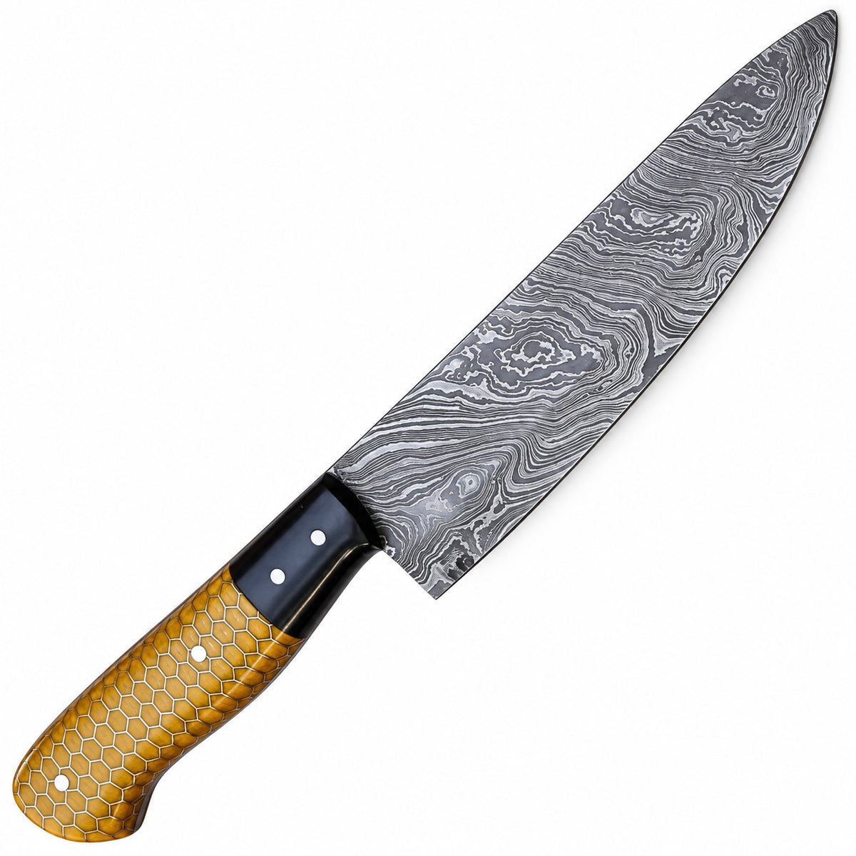 Handmade chef knife with amber honeycomb resin handle and black bolster
