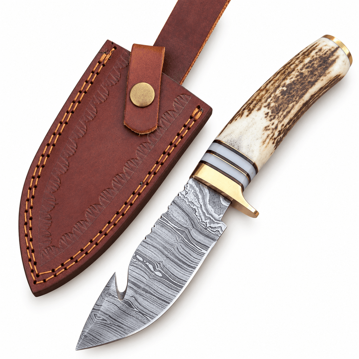 Antler handle with brass end cap and guard on an 8 inch Damascus knife
