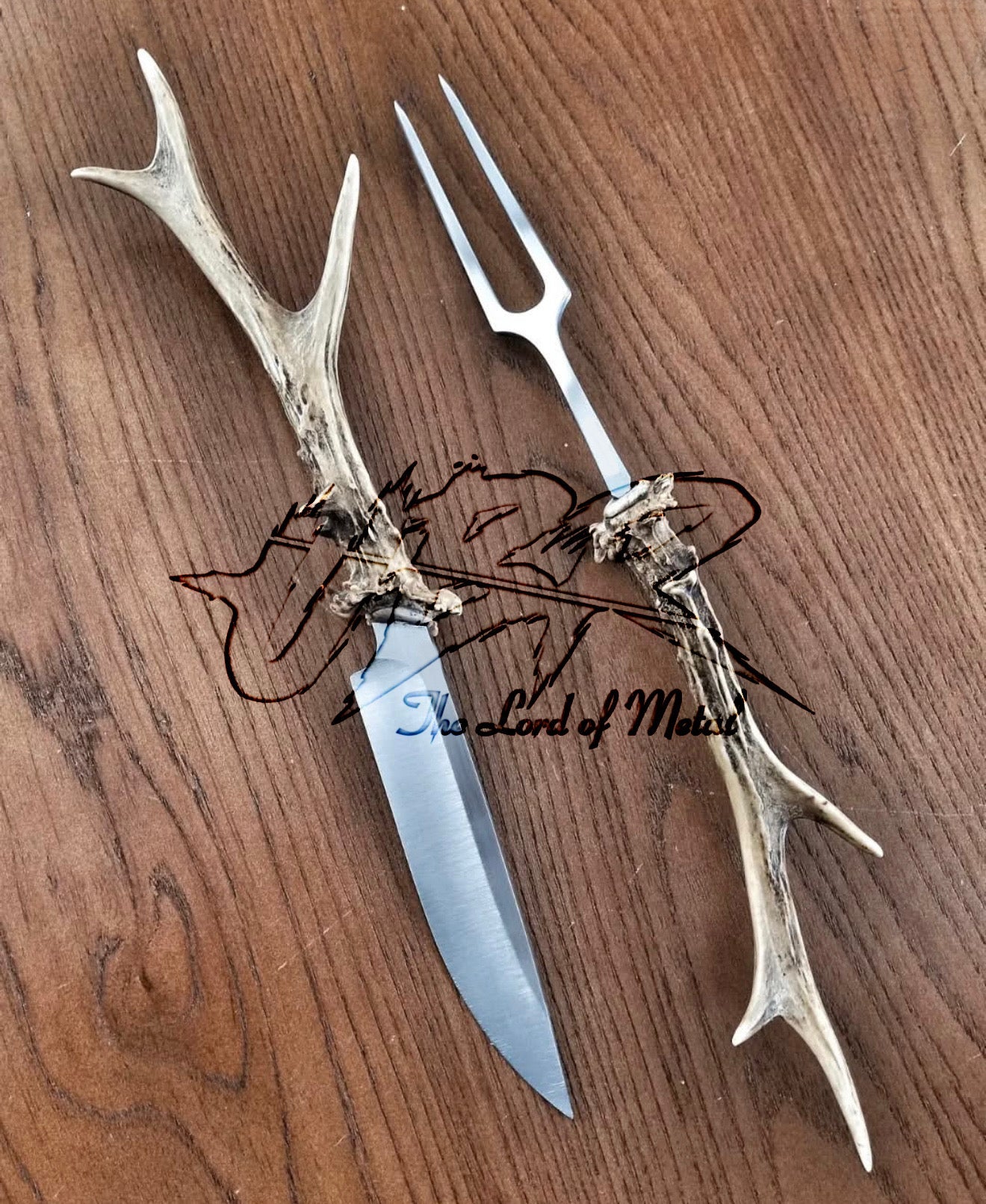Handmade Antler Handle Knife & Fork Set | Deer Horn Carving Cutlery Unique Blades Runner