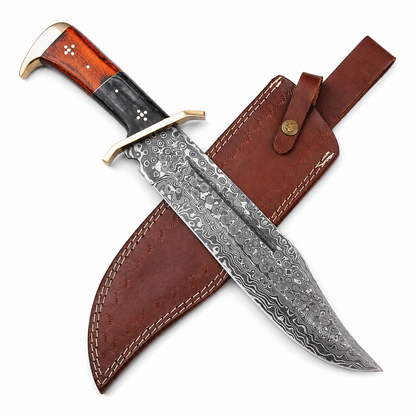 Timber Rattler Damascus Steel Bowie Knife with Brass Guard & Leather Sheath Unique Blades Runner